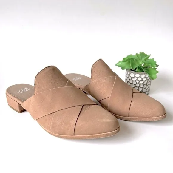 Eileen Fisher Bauer Tumbled Nubuck Mule Tan Leather Crisscross Flat Slide Size 6