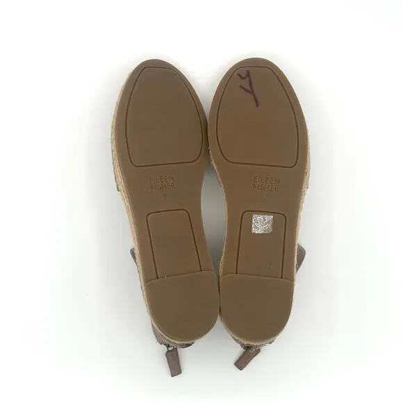 Eileen Fisher Coy leather Flats Espadrille taupe back Zip Ankle Strap Boho Sz 7