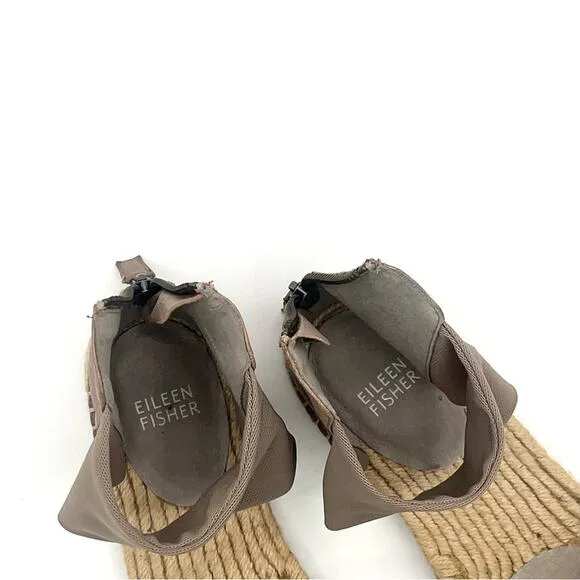 Eileen Fisher Coy leather Flats Espadrille taupe back Zip Ankle Strap Boho Sz 7