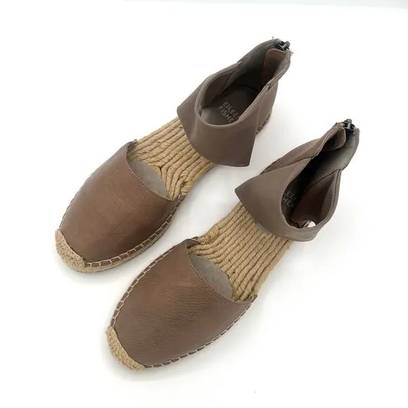 Eileen Fisher Coy leather Flats Espadrille taupe back Zip Ankle Strap Boho Sz 7