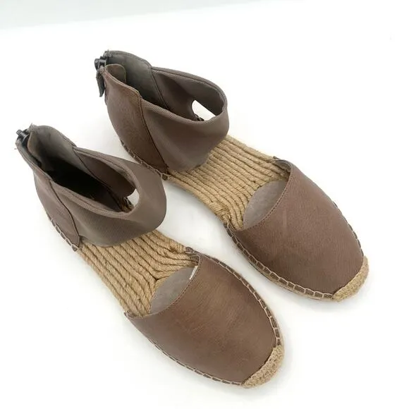 Eileen Fisher Coy leather Flats Espadrille taupe back Zip Ankle Strap Boho Sz 7