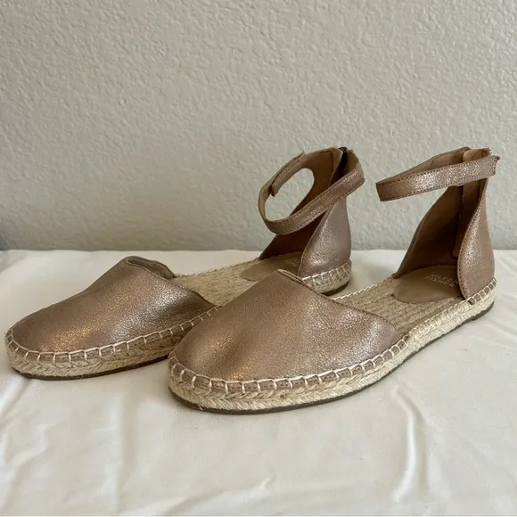 Eileen Fisher Lala Espadrille In Light Gold Metallic Flats W/Ankle Strap, 8.5