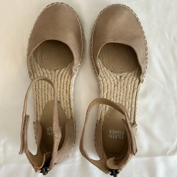 Eileen Fisher Lala Espadrille In Light Gold Metallic Flats W/Ankle Strap, 8.5