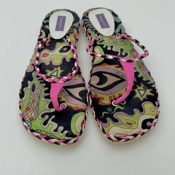 Emilio Pucci Multicolor Printed Flip Flop Slides Shoes Pink/Black | Fit US 9.5