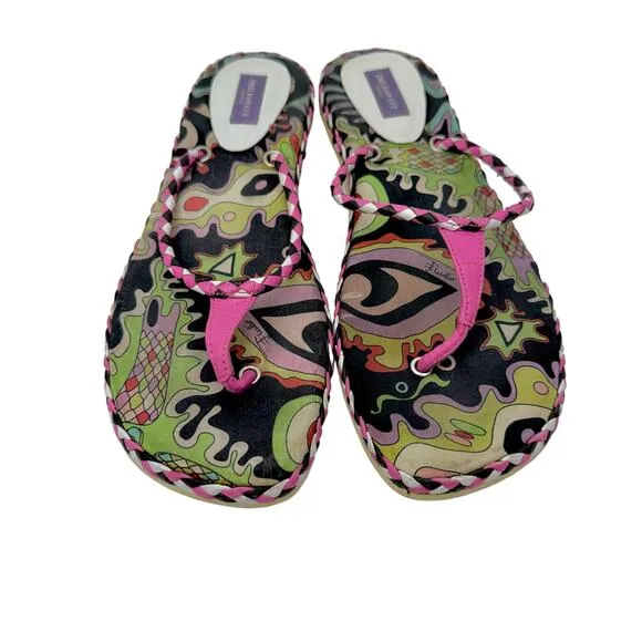 Emilio Pucci Multicolor Printed Flip Flop Slides Shoes Pink/Black | Fit US 9.5