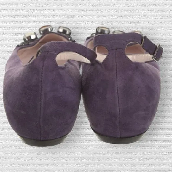 Emilio Pucci Purple Suede Ankle Strap Ballet Flats Slight Heel With Stone Accent