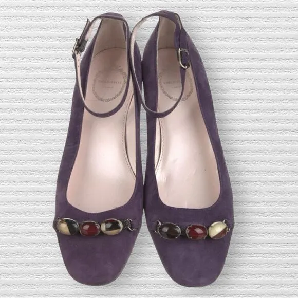 Emilio Pucci Purple Suede Ankle Strap Ballet Flats Slight Heel With Stone Accent