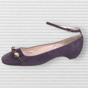 Emilio Pucci Purple Suede Ankle Strap Ballet Flats Slight Heel With Stone Accent