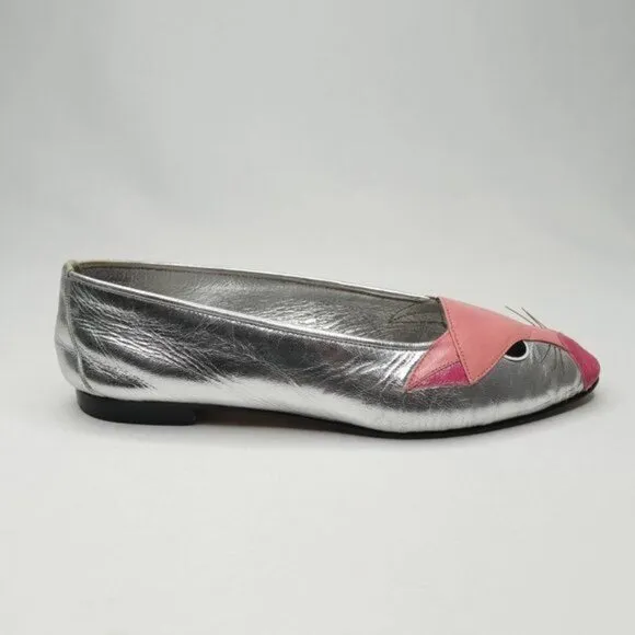 Enzo of Roma Vintage Kids Size 34 Silver Pink Leather Cat Slip On Loafers