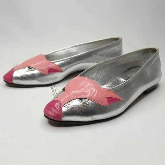 Enzo of Roma Vintage Kids Size 34 Silver Pink Leather Cat Slip On Loafers