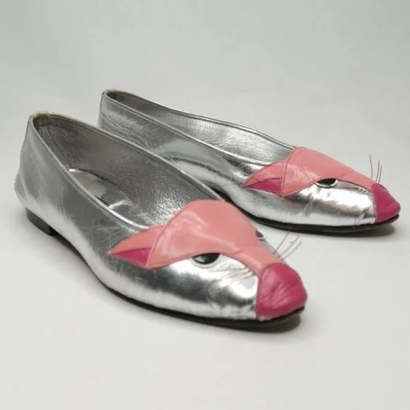 Enzo of Roma Vintage Kids Size 34 Silver Pink Leather Cat Slip On Loafers