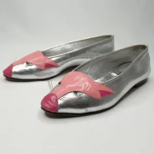 Enzo of Roma Vintage Kids Size 34 Silver Pink Leather Cat Slip On Loafers
