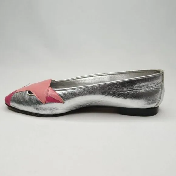 Enzo of Roma Vintage Kids Size 34 Silver Pink Leather Cat Slip On Loafers