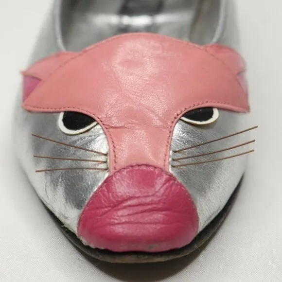 Enzo of Roma Vintage Kids Size 34 Silver Pink Leather Cat Slip On Loafers