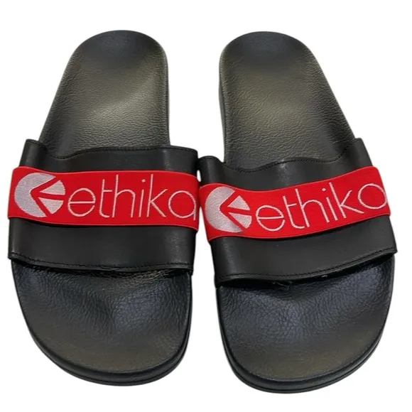 Ethika Men’s  Black Red Leather Slides Made in Italy SZ 10.5 45