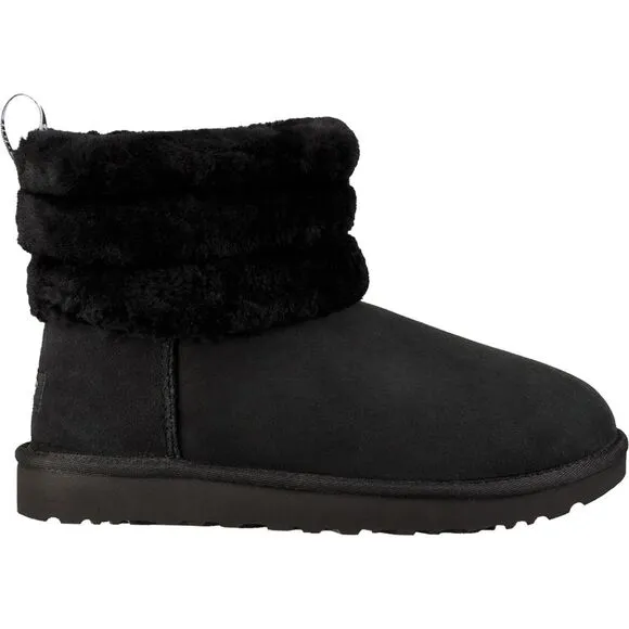 EUC UGG women's Fluff Mini Quilted Logo suede leather sheepskin Boots, sz 5