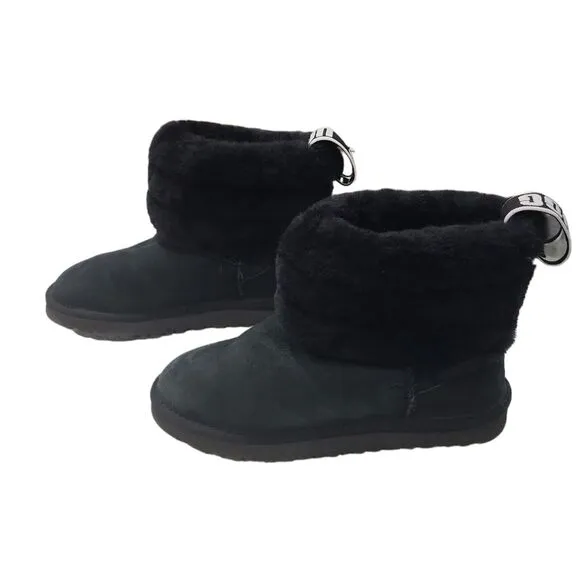 EUC UGG women's Fluff Mini Quilted Logo suede leather sheepskin Boots, sz 5