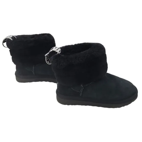 EUC UGG women's Fluff Mini Quilted Logo suede leather sheepskin Boots, sz 5