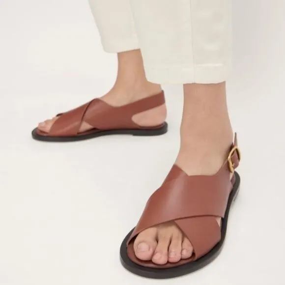 Everlane The City Crossover Sandal Flats Womens Sz 8 Rum Brown Leather