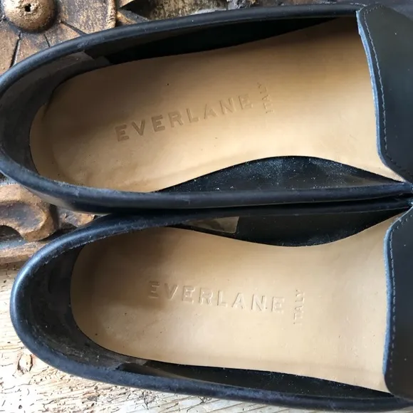 EVERLANE The Modern Loafer Flats Black Matte Leather RARE White Heel Stripe Sz 7