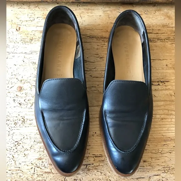 EVERLANE The Modern Loafer Flats Black Matte Leather RARE White Heel Stripe Sz 7
