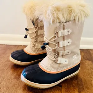 Excellent condition, like new, Sorel Tan and Black Winter Boots with Fur Trim