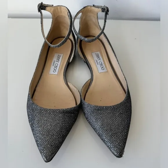🌟Exceptional Jimmy Choo Lucy Lame Glitter Silver Ankle Strap Flats Size 38.5
