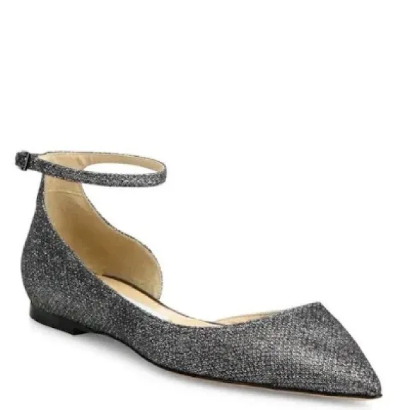 🌟Exceptional Jimmy Choo Lucy Lame Glitter Silver Ankle Strap Flats Size 38.5