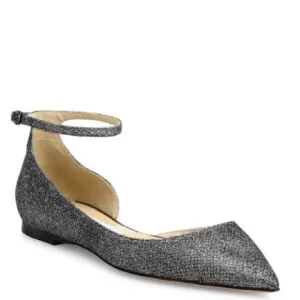 🌟Exceptional Jimmy Choo Lucy Lame Glitter Silver Ankle Strap Flats Size 38.5
