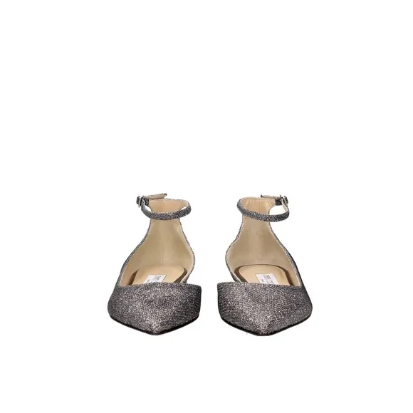 🌟Exceptional Jimmy Choo Lucy Lame Glitter Silver Ankle Strap Flats Size 38.5