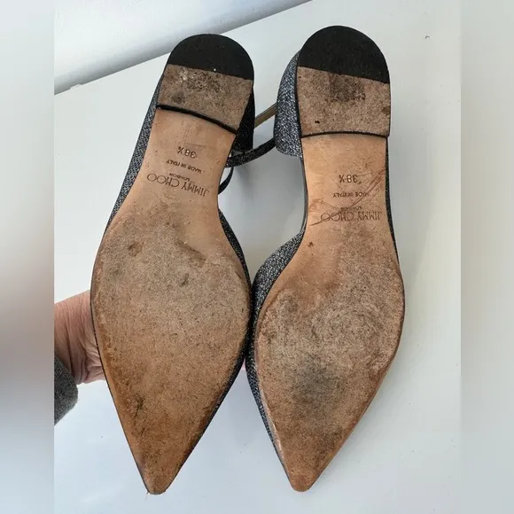 🌟Exceptional Jimmy Choo Lucy Lame Glitter Silver Ankle Strap Flats Size 38.5