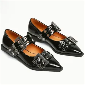 Femme Fatale Vegan Leather Grommet-Buckled Slingback Flats.