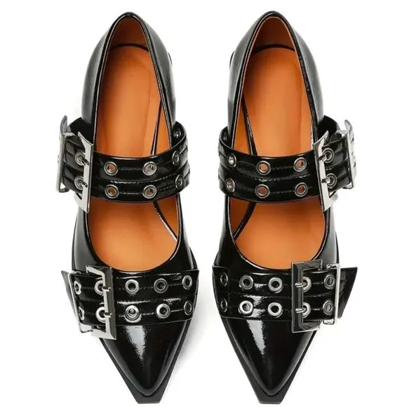 Femme Fatale Vegan Leather Grommet-Buckled Slingback Flats.