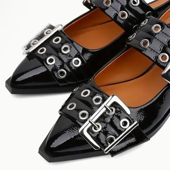 Femme Fatale Vegan Leather Grommet-Buckled Slingback Flats.