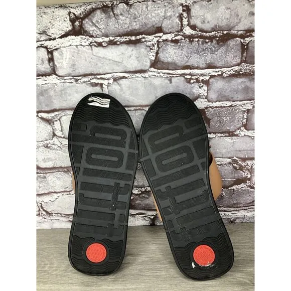 Fitflop F-Mode Brown Leather Flatform Cross Strap Slides Women’s Sz 10M US/42EU