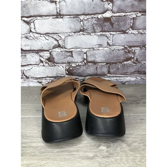 Fitflop F-Mode Brown Leather Flatform Cross Strap Slides Women’s Sz 10M US/42EU