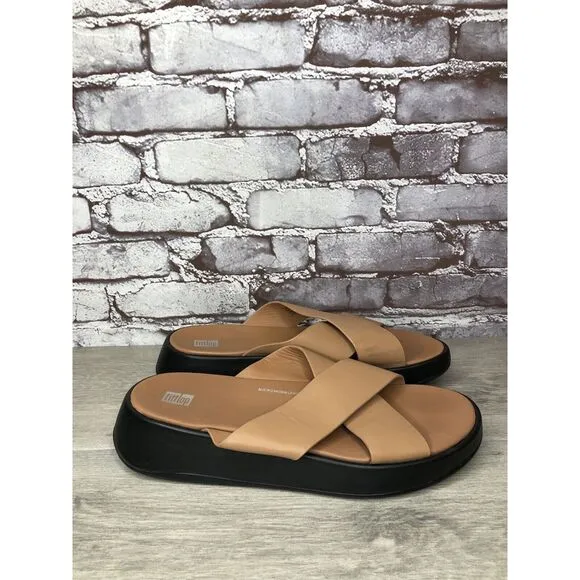 Fitflop F-Mode Brown Leather Flatform Cross Strap Slides Women’s Sz 10M US/42EU