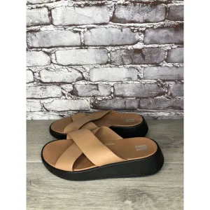 Fitflop F-Mode Brown Leather Flatform Cross Strap Slides Women’s Sz 10M US/42EU