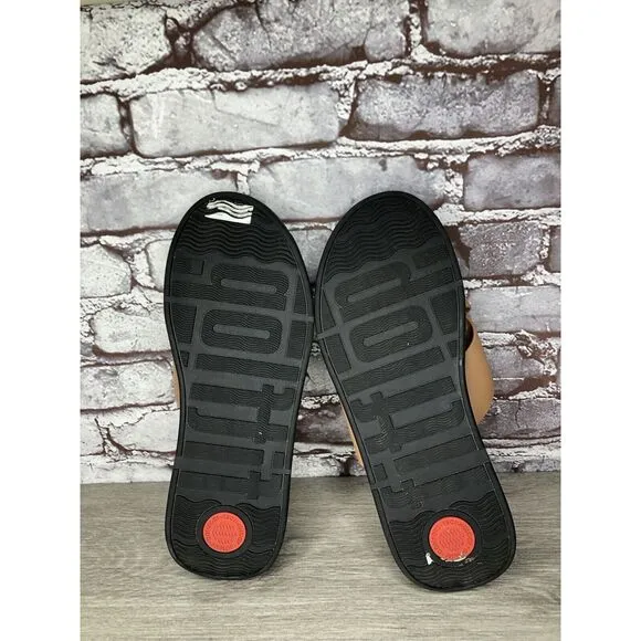 Fitflop F-Mode Brown Leather Flatform Cross Strap Slides Women’s Sz 10M US/42EU