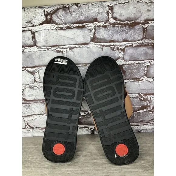 Fitflop F-Mode Brown Leather Flatform Cross Strap Slides Women’s Sz 10M US/42EU