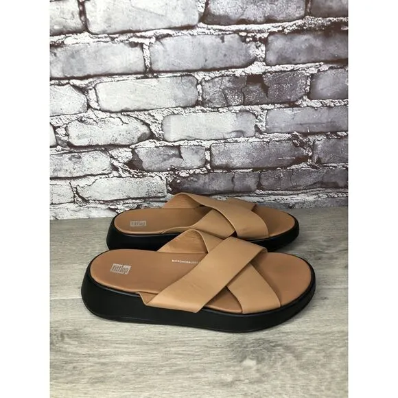 Fitflop F-Mode Brown Leather Flatform Cross Strap Slides Women’s Sz 10M US/42EU