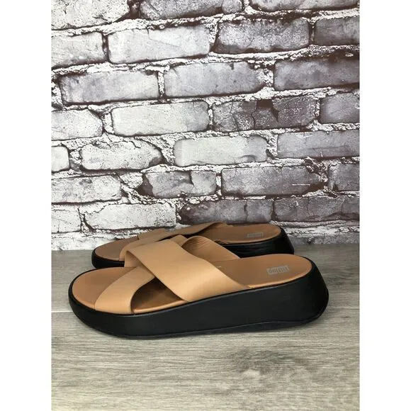 Fitflop F-Mode Brown Leather Flatform Cross Strap Slides Women’s Sz 10M US/42EU