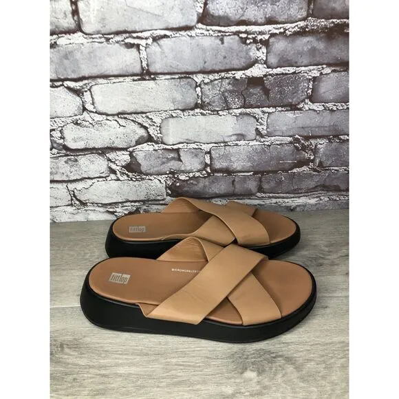 Fitflop F-Mode Brown Leather Flatform Cross Strap Slides Women’s Sz 10M US/42EU