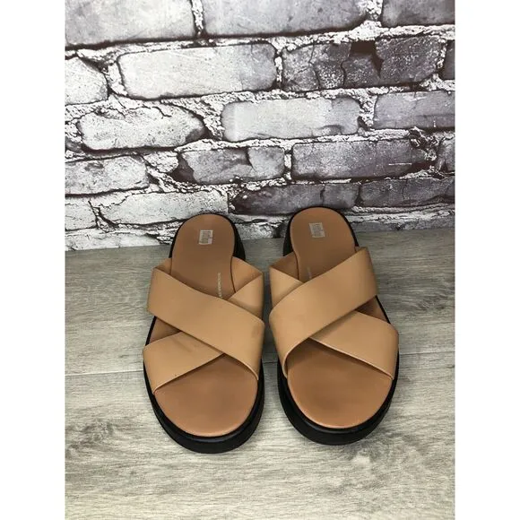 Fitflop F-Mode Brown Leather Flatform Cross Strap Slides Women’s Sz 10M US/42EU