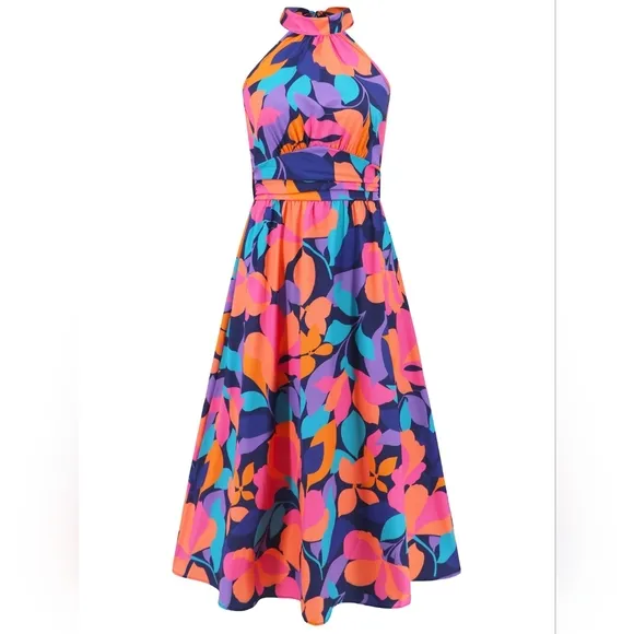 Floral Halter Neck Dress - Multicolor