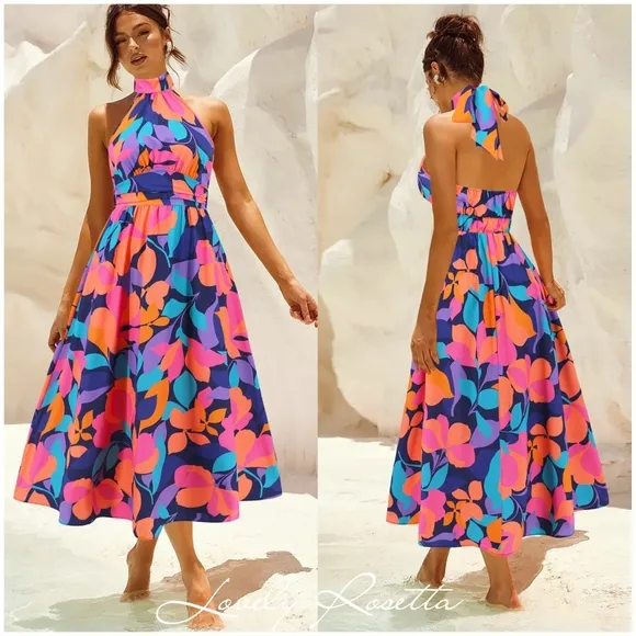 Floral Halter Neck Dress - Multicolor