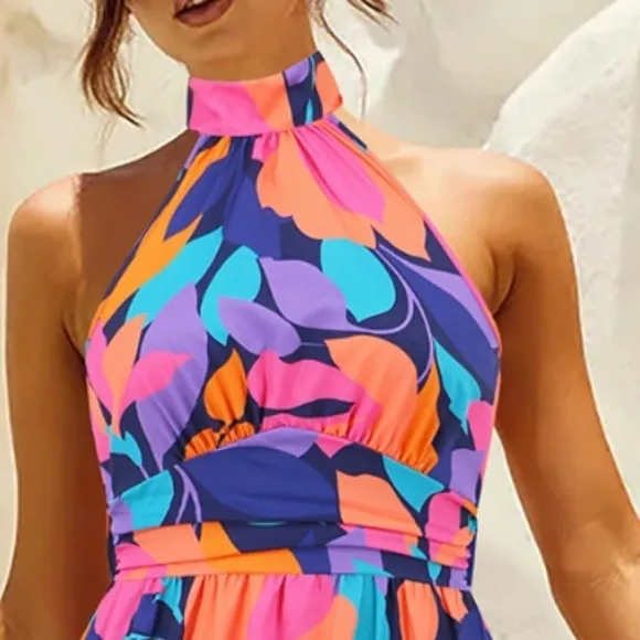 Floral Halter Neck Dress - Multicolor