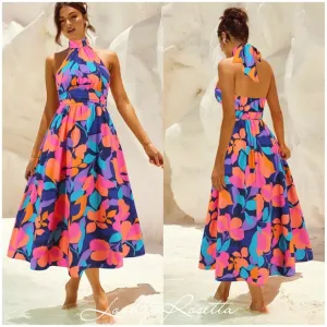 Floral Halter Neck Dress - Multicolor