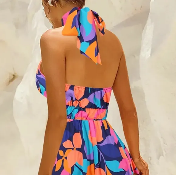 Floral Halter Neck Dress - Multicolor