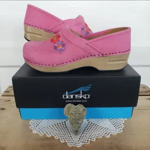 Flower Power Dansko Pro Clog Pink  Embroidered Nubuck Suede Girls Boho EU 30 35